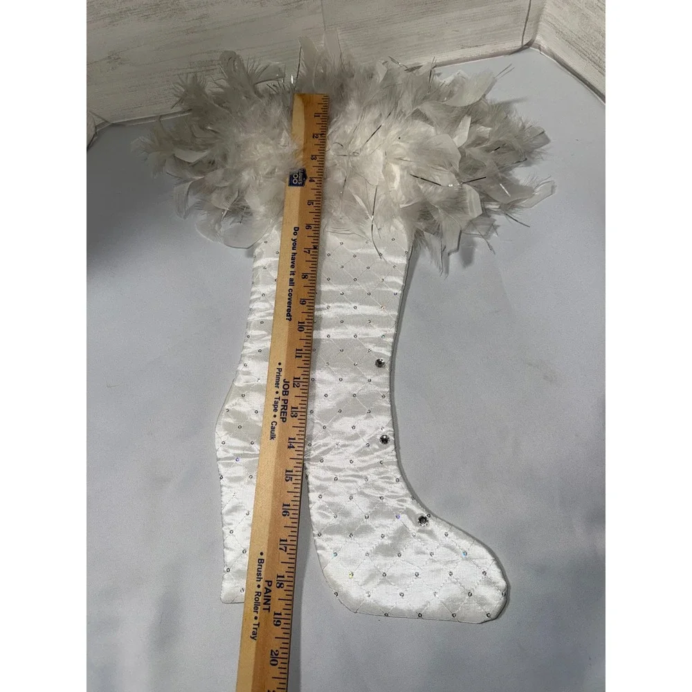 Lynn Allen Santa Baby High Heel Stiletto Christmas‎ Stocking White Satin Feather